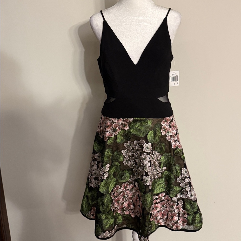 Xscape Black Skirt with Green and Pink Floral Design